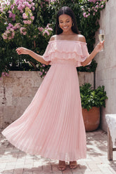 Off the Shoulder Pleated A Line Pink Wedding Guest Dress