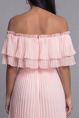 Off the Shoulder Pleated A Line Pink Wedding Guest Dress
