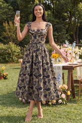 Black Printed A Line Midi Wedding Guest Dress