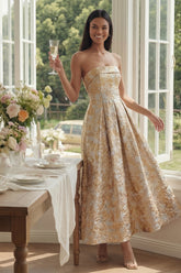 Strapless Gold Floral Brocade A Line Midi Wedding Guest Dress