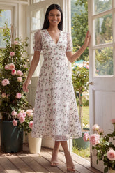 White Floral A Line Short Sleeve Wedding Guest Dress