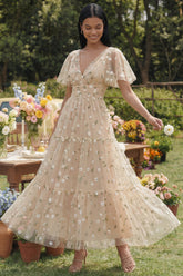 Floral Champagne Short Sleeve A Line Wedding Guest Dress