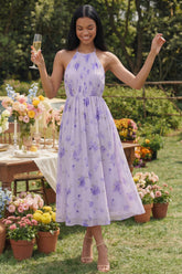 Halter Pleated Floral A Line Lilac Wedding Guest Dress