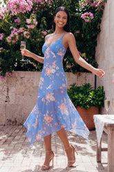 Blue Floral Ruffled A Line Midi Wedding Guest Dress