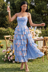 Tiered Corset Blue Floral Wedding Guest Dress with Slit