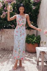 One Shoulder Blue Floral Mermaid Midi Wedding Guest Dress