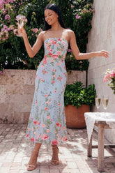 Strapless Mermaid Blue Floral Midi Wedding Guest Dress