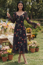 Long Sleeve Ruffled A Line Black Floral Midi Wedding Guest Dress