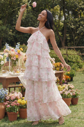Tiered Halter Floral Pink Maxi Wedding Guest Dress