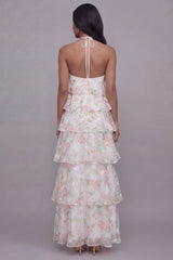 Tiered Halter Floral Pink Maxi Wedding Guest Dress
