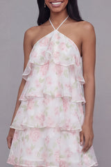 Tiered Halter Floral Pink Maxi Wedding Guest Dress