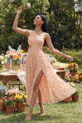 One Shoulder Cut Out Floral Light Orange Wedding Guest Dress