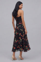 Black Halter Floral A Line Midi Wedding Guest Dress