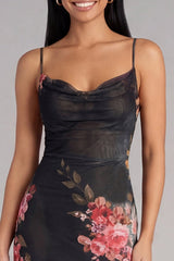 Black Floral Mermaid Midi Wedding Guest Dress