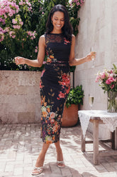 Bateau Neck Black Floral Ruched Midi Wedding Guest Dress