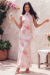 Halter Pink Floral Mermaid Maxi Wedding Guest Dress