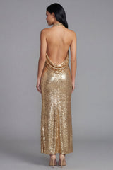 Sparkly Halter Gold Wedding Guest Dress