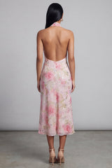 Pink Halter Floral Backless A Line Wedding Guest Dress