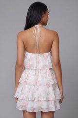 Halter Pink Tiered Floral Mini Wedding Guest Dress