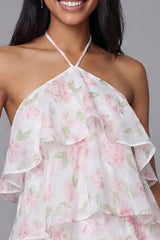 Halter Pink Tiered Floral Mini Wedding Guest Dress
