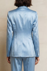 Peaked Lapel 2 Piece Satin Blue Women Suits