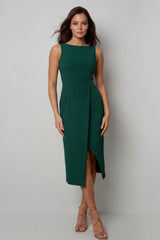 Dark Green Bateau Neck Midi Work Dress with Slit