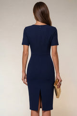 Navy Bodycon Short Sleeve Midi Work Dress
