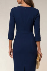 Cowl Neck Bodycon Navy Work Dress with 3/4 Sleeves