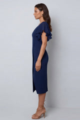 Ruffled Navy V Neck Midi Work Dress with Short Sleeves