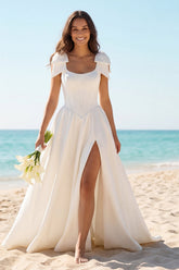 Ivory Scoop Neck Corset A Line Satin Wedding Dress