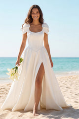Ivory Scoop Neck Corset A Line Satin Wedding Dress