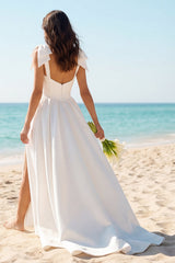 Ivory Scoop Neck Corset A Line Satin Wedding Dress