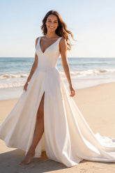 Basque Waist Ivory A Line Satin Wedding Dress