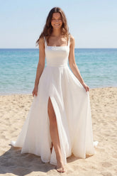 Ivory A Line Satin Wedding Dress with Slit