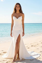 Strapless Ivory Mermaid Ruched Satin Wedding Dress with Slit
