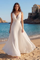 Ivory A Line Pleated V Neck Wedding Dress
