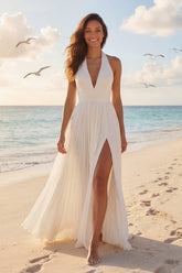 Ivory A Line Pleated Halter Wedding Dress with Slit