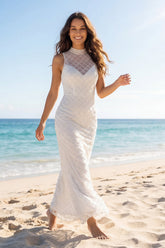 High Neck Ivory Sleeveless Maxi Wedding Dress