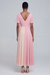 A Line Pink V Neck Maxi Formal Dress