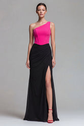 One Shoulder Corset Fuchsia and Black Maxi Formal Dress