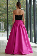 Strapless Sequin A Line Fuchsia and Black Formal Dress