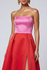 Pink and Red Strapless Ruffled A Line Formal Dress