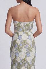 Strapless Sheath Floral Green Wedding Guest Dress with Slit