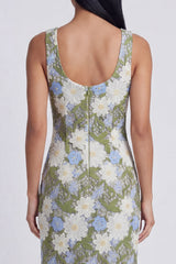 Scoop Neck Floral Green Cut Out Midi Wedding Guest Dress