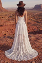 Ivory High Low A Line Lace Boho Wedding Dress