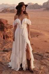 Off the Shoulder Ruffled Ivory A Line Boho Wedding Dress