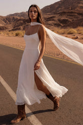 Ivory A Line Midi Boho Wedding Dress with Ruffles