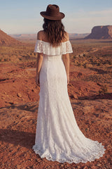 Ivory Mermaid Lace Off the Shoulder Boho Wedding Dress