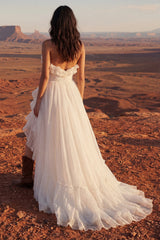 Ivory Strapless Ruffled Ruched Boho Wedding Dress
