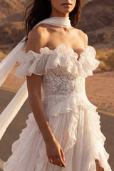Ivory Off the Shoulder Lace Ruffled A Line Boho Wedding Dress